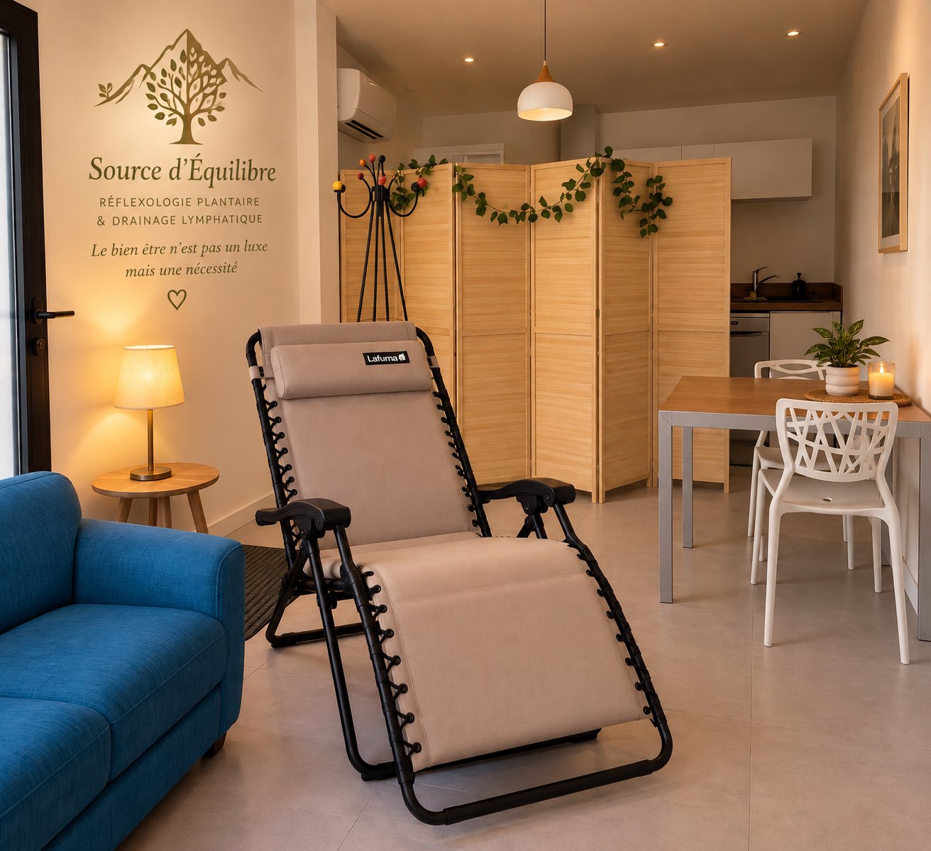 Le cabinet Source d’Équilibre à Aix-en-Provence : fauteuil de réflexologie, lumière douce et logo au mur